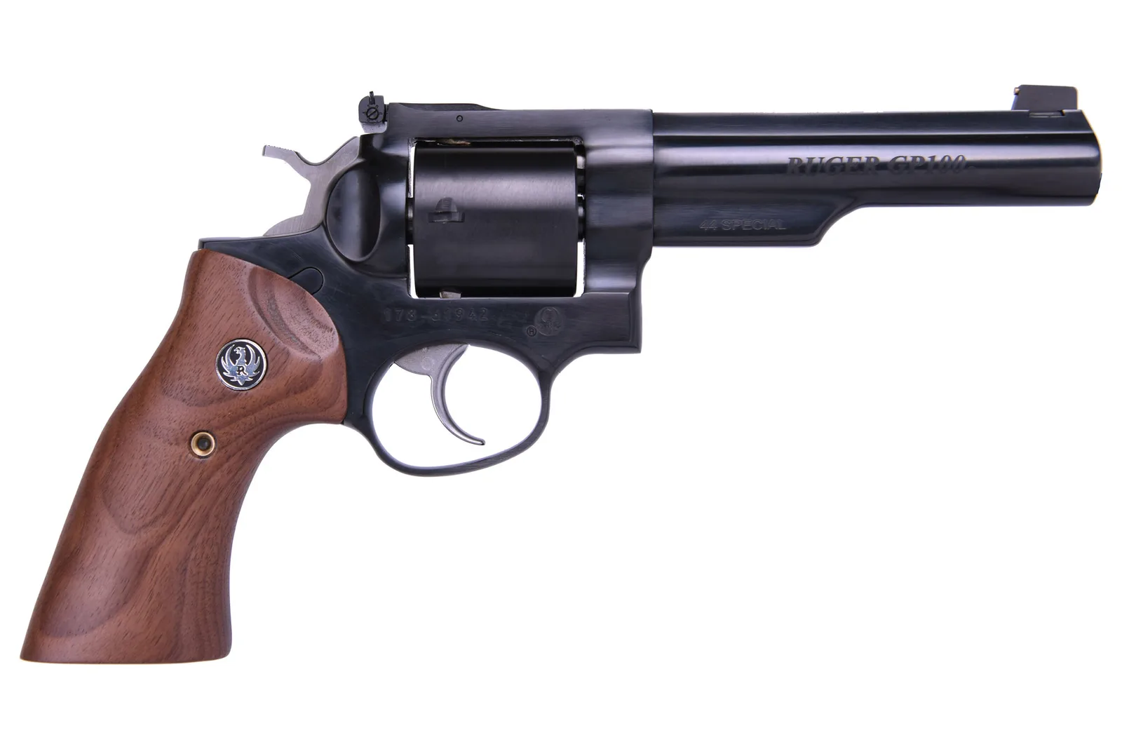 Ruger 1770 GP100 44SPC Blue 5" Half LUG 1770 ADJ Sgts/Walnut
